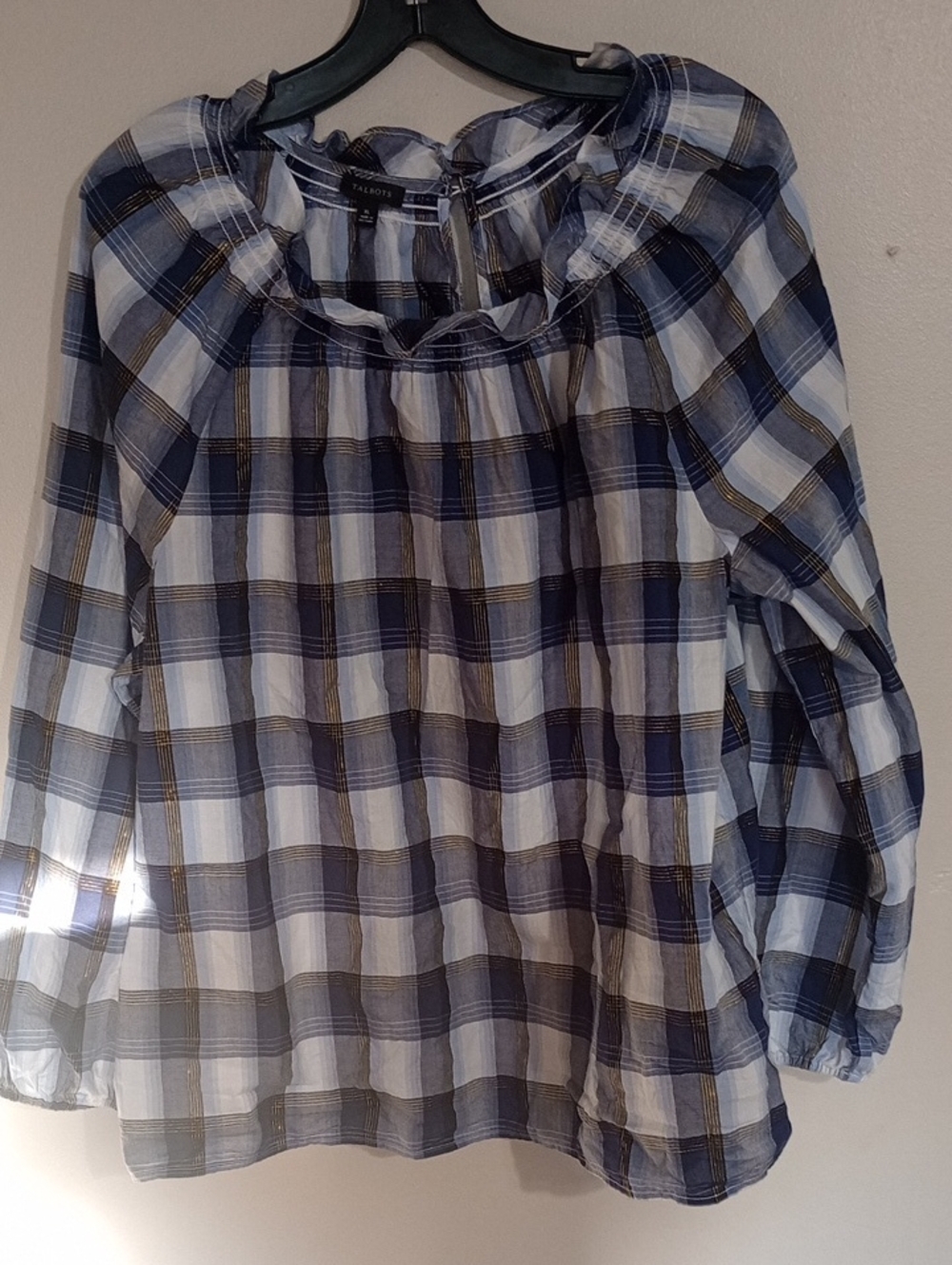 Talbots Blue and White Plaid Long-Sleeve Peasant Blouse with Smocked  Neckline